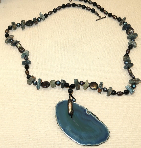 Vtg Blue Agate, Obsidian, Fresh Water Pearls and … - image 1