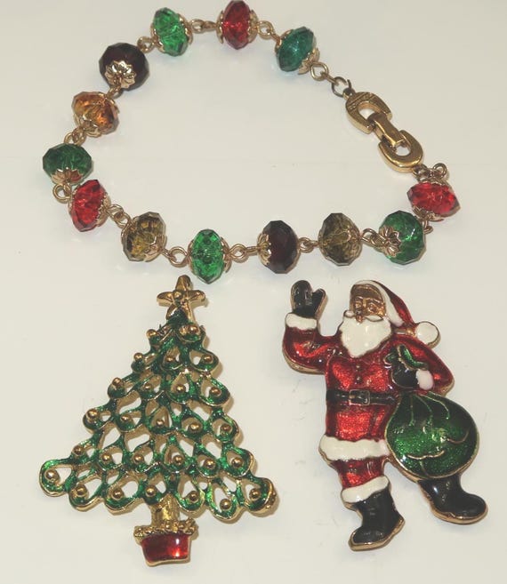 Vtg Enamel Santa Brooch, Christmas Tree Brooch an… - image 1