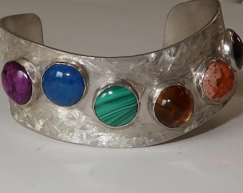 Vtg Sterling Silver and Gemstone Cuff Bracelet