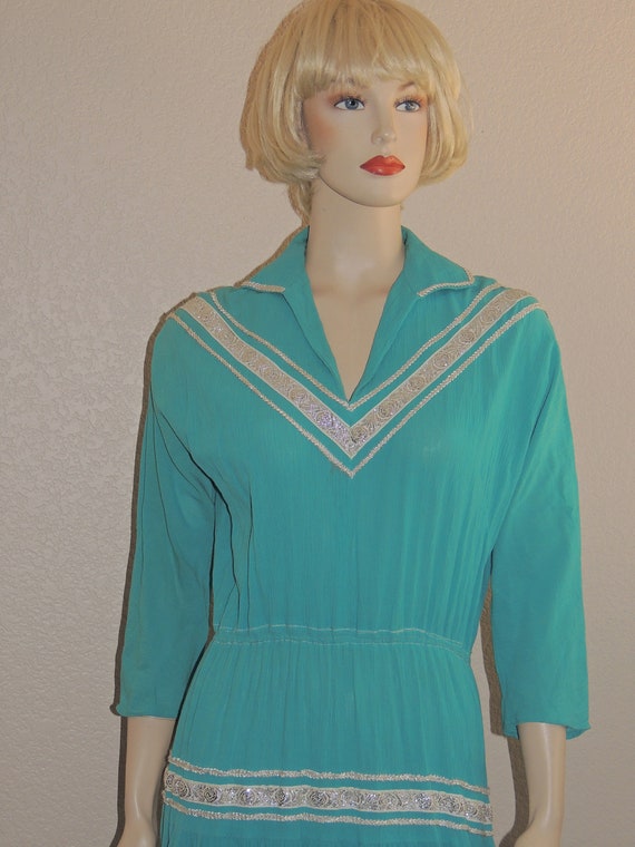 1950s Aqua PATIO Dress with Silvertone Rickrack