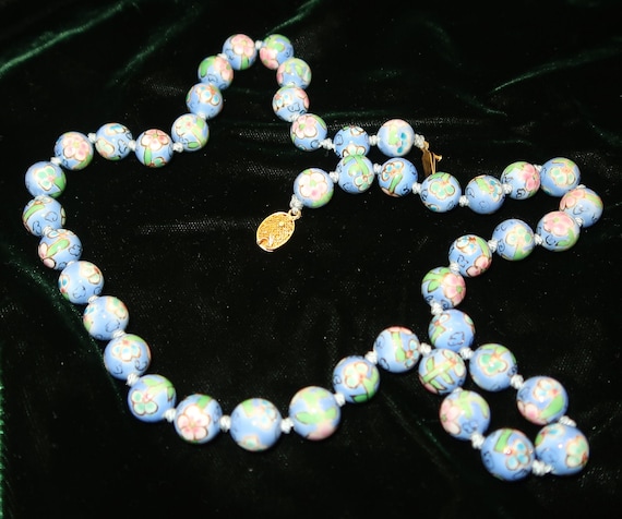 Vtg Light Blue and Pink flower Cloisonne Necklace… - image 2