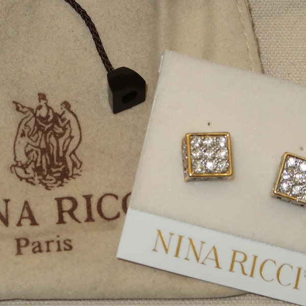 Vtg NINA RICCI Paris Cube Rhinestone Pierced Earrings