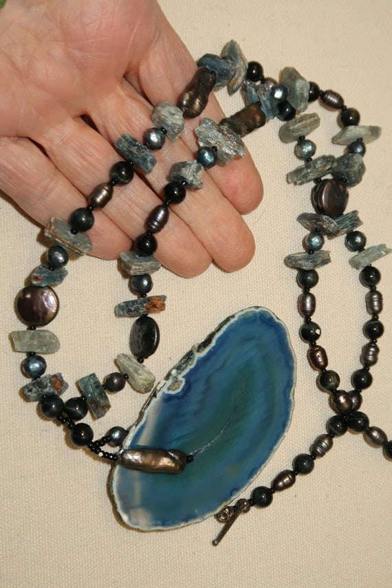 Vtg Blue Agate, Obsidian, Fresh Water Pearls and … - image 3