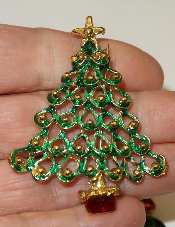 Vtg Enamel Santa Brooch, Christmas Tree Brooch an… - image 5