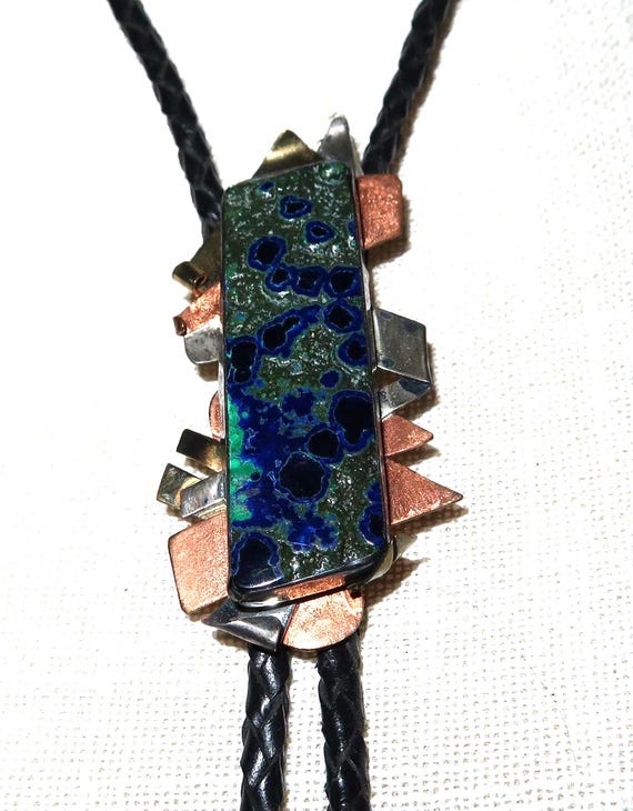 Hand created Vintage Azurite and Malachite Bolo Tie with Silver, Copper and Brass