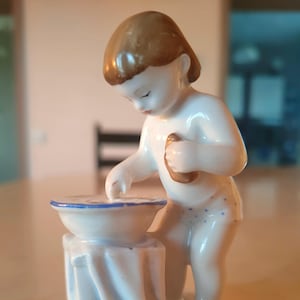 Very Rarest Vintage Collectible Porcelain Figurine USSR 1950s &quot;Washing (Girl with a basin)&quot; (Lomonosov Porcelain Factory (LFZ))