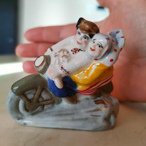 Extremely Rare Porcelain figurine USSR 1958 &quot;On a motorcycle To the market&quot;.  Korosten porcelain factory (Korosten)