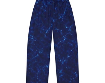 Pantalones de pijama/ropa de dormir con estampado de olas del océano azul y ribete dorado.