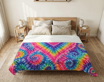 Tie Dye Heart Comforter | Rainbow Spiral Bedding, Colorful Hippie Duvet Cover