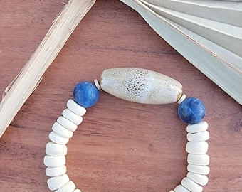Cream Ceramic and Shell Bead Bracelet Blue Jewelry Boho Beach Bracelet Gift for Her Bohemian Jewelry Beach Jewelry Colorful Bracelet