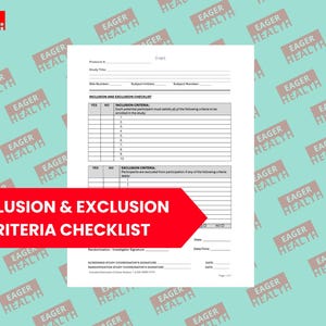 以下が含まれることがあります： 「INCLUSION & EXCLUSION CRITERIA CHECKLIST」と書かれた赤いバナーが付いた、白いインクルージョンとエクスクルージョン基準チェックリストのドキュメント。ドキュメントは、単語「EAGER HEALTH」が繰り返される水色の背景を持っています。