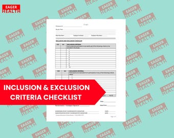 Può includere: Un documento bianco di checklist dei criteri di inclusione ed esclusione con un banner rosso che recita "INCLUSION & EXCLUSION CRITERIA CHECKLIST". Il documento ha uno sfondo azzurro chiaro con le parole "EAGER HEALTH" ripetute.