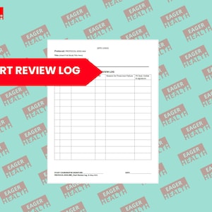 Può includere: Un modulo bianco "Chart Review Log" con una griglia per l'inserimento dei dati, sovrapposto da un banner rosso con testo bianco. Lo sfondo è di colore verde acqua chiaro con loghi "EAGER HEALTH" ripetuti.