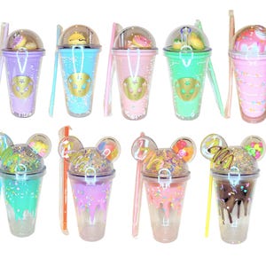 16oz Iced Coffee Tumbler Cup, Double Wall Acrylic Dome Lid Tumbler Donut or Ice Cream Mouse Ears, Transparent Insulated Tumblers with Straw