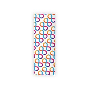 May include: A seamless pattern featuring a repeating design of infinity symbols in shades of blue, orange, and pink on a white background.