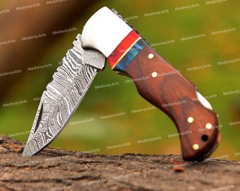 Handmade Damascus Steel Pocket Knife with Leather Sheath