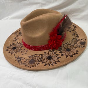 Hand Burned Wide Brim Hat Khaki: Fox/Sunflowers Hand Burned On Brim Red Bandanna Hat Band With Red Flower and Feathers
