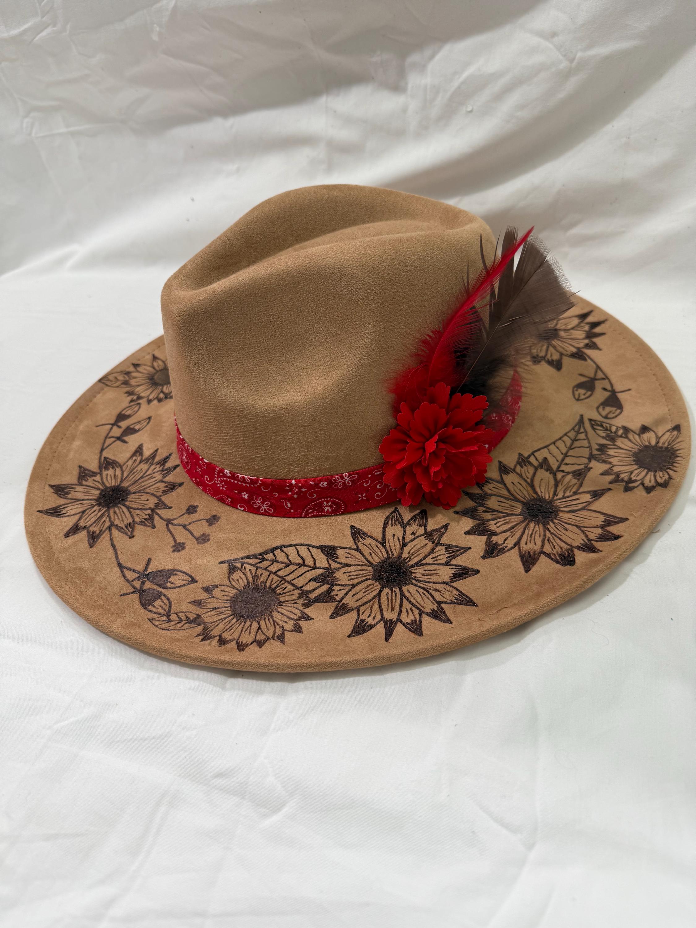 Hand Burned Wide Brim Hat Khaki: Fox/sunflowers Hand Burned  display picture 3