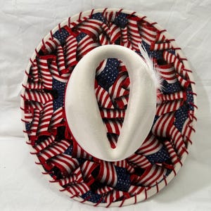 Hand Burned Wide Brim Hat Ivory: American Flag Fabric, Red Leather Lacing Red Hat Band With Red Feathers