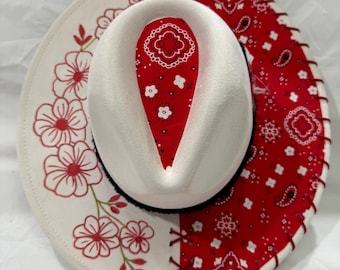 Hand Burned Wide Brim Hat Ivory: Red Bandanna Fabric Leather Lacing And Red Flowers Painted On Brim Black Hat Band With Black/Red Feathers