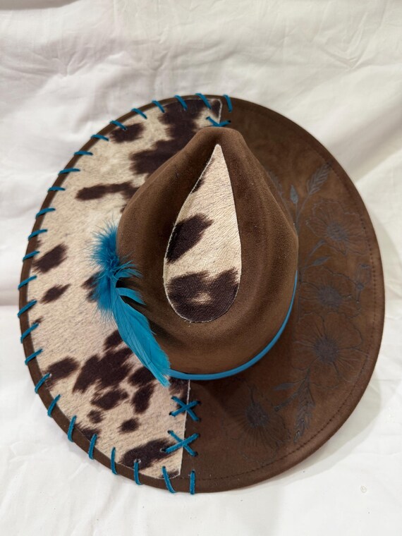Hand Burned Wide Brim Hat Brown: Cowhide Fabric With  display picture 3