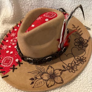 Hand Burned Wide Brim Hat Khaki: Hearts/Flowers Burned On Brim Red Bandanna Fabric Leather Lacing Brown Leather Band With Red/Brown Feathers