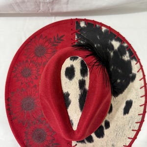 Hand burned Wide Brim Hat Red: Cowhide Fabric With Red Leather Lacing Sunflowers Burned on Brim Red/Gold Band With Black Ostrich Feather