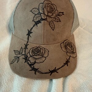 Baseball Cap Mesh Back Vegan Suede Tan/Khaki Roses And Barb Wire Burned on Crown And Bill Snap Closure