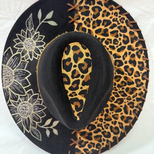 Black Wide Brim Hat: Leopard Print & Painted Sunflowers