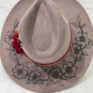 Hand Burned Wide Brim Hat Light Plum: Flower Design Hand Burned On Entire Brim Dark Red Hat Band With Matching Feather And A Dark Red Flower