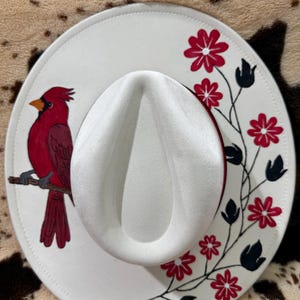 Hand Burned Wide Brim Hat Ivory : Red Cardinal And Flowers Hand Burned And Painted On Brim With A Red And Black Hat Band