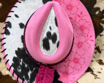 Hand Burned Wide Brim Hat Pink: Black/White Cowhide Fabric With Black Leather Lacing Flowers Burned on Brim Pink/Black Macrame Hat Band