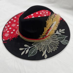 Wide Brim Hat Black: Red Bandanna Fabric With Red Leather Lacing Flowers Painted On Brim Red/Gold Hat Band With Feathers
