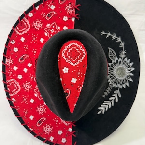 Wide Brim Hat Black: Red Bandanna Fabric With Red Leather Lacing Flower Painted Gold On Brim Red Hat Band With Red Feathers