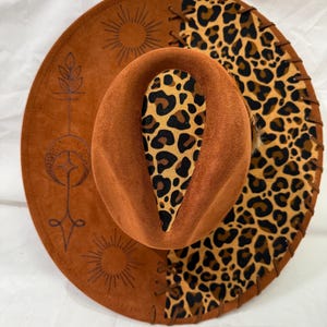 Rust Wide Brim Hat: Leopard Print, Sun/Moon Design