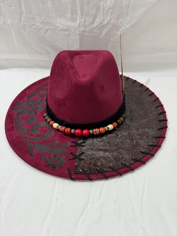 Burgundy Wide Brim Hat, Faux Leather Fabric-flower Design Burned