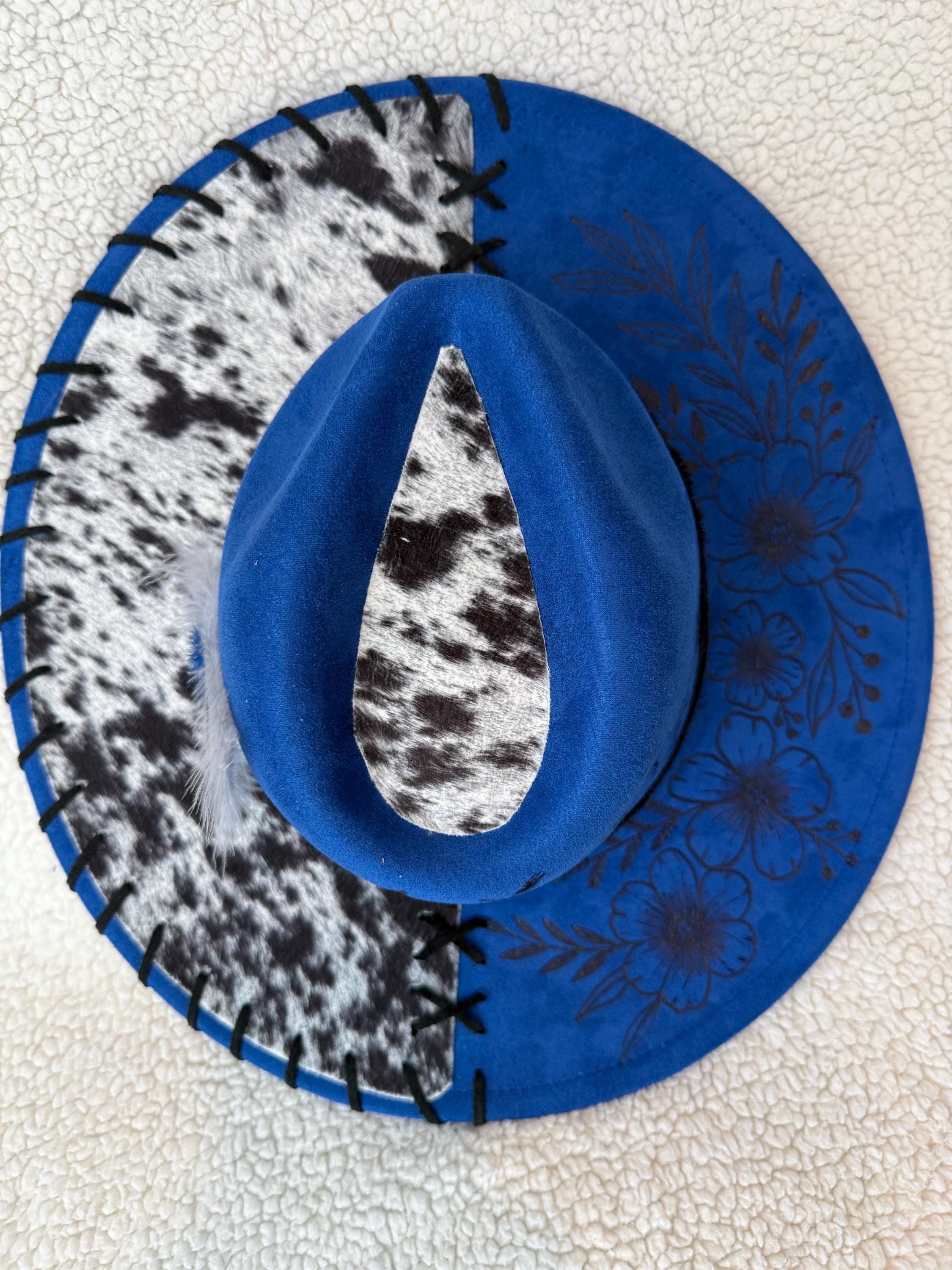 Hand Painted Sunflower Wide Brim Hat Blue Boho Festival Hat Floral sunflower teal suede wide brim cowboy hat  main image 2