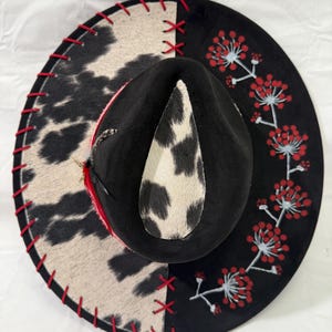 Hand Burned Wide Brim Hat Black: Cowhide Fabric With Red Leather Lacing Red Flowers Painted on Brim Red/White Hat Band With Feathers