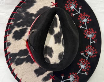 Hand Burned Wide Brim Hat Black: Cowhide Fabric With Red Leather Lacing Red Flowers Painted on Brim Red/White Hat Band With Feathers