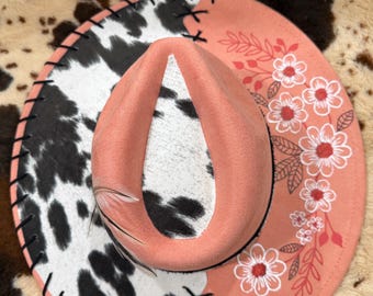 Burned Wide Brim Fedora: Pink Felt Hat With Embroidered  display picture 2