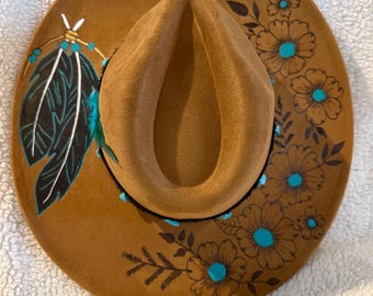 Hand Burned Felt Fedora Hat, Wide Brim, Western Boho Bride  display picture 1