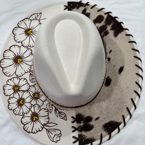 Hand Burned Wide Brim Hat Coral: Black/white Cowhide Fabic  display picture 3