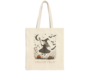 Peut inclure: Un sac fourre-tout beige avec une illustration en noir et blanc d'une sorcière volant avec un balai et des chauves-souris. Le texte "Trick or Treat" est imprimé en marron sur le sac.