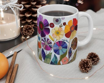 Floral Tapestry Ceramic Mug, Whimsical Flower Design, 11oz