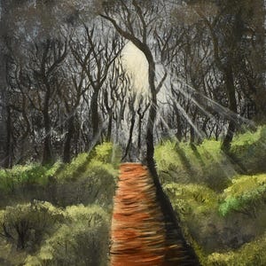 Woodland path in the evening sun, acrylic on canvas.