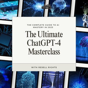 Può includere: Un grafico digitale con il testo "The Ultimate ChatGPT-4 Masterclass" e "The Complete Guide to AI Mastery in 2025." L'immagine ha uno sfondo chiaro con varie grafiche legate alla tecnologia e le parole "digital ASSISTANT."