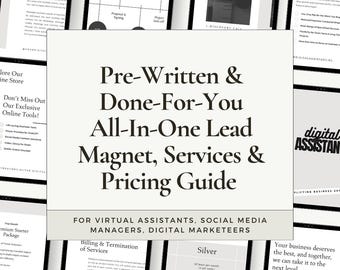 Guia de serviços de lead magnet pré-escrito pronto para você, modelo de integração de preços Assistentes virtuais, gerentes de mídia social, freelancers