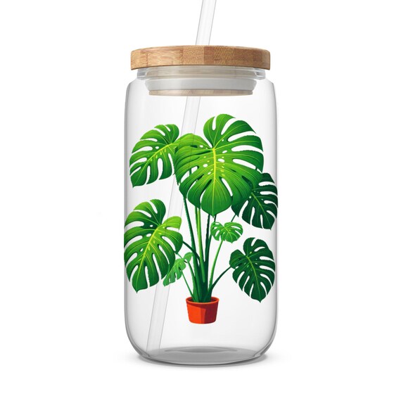 Monstera Pflanzen Glas mit Bambus Deckel und Strohhalm - Etsy.de