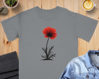 Maglietta grafica con fiore di papavero rosso, design botanico