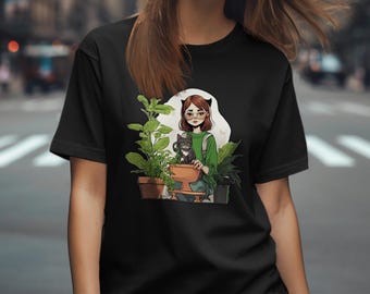 May include: A black t-shirt with a graphic print of a cartoon woman with glasses and a cat, surrounded by plants in pots.